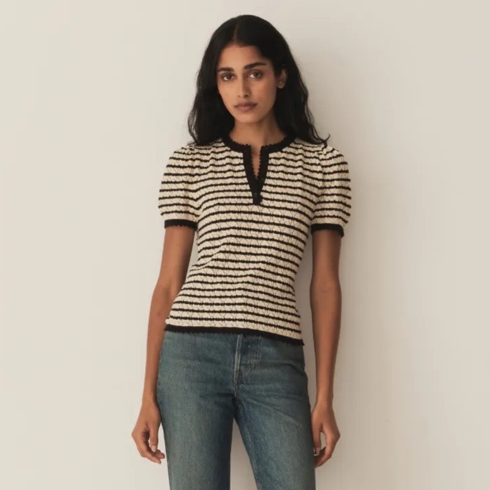 Doen Brandie Cotton Silk Knit Short Sleeve Puff Sweater Top Allaire Stripe Cream - Picture 2 of 12